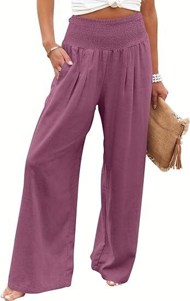 Damen Leinen Palazzo Hose Sommer Boho Weites Bein Hoher Bund Freizeit Hose mit Taschen