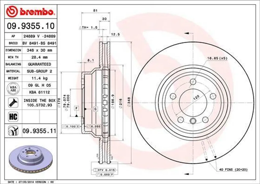 Disque de frein anti-vibration Brembo 09.9355.11 pour BMW Série 7 E65