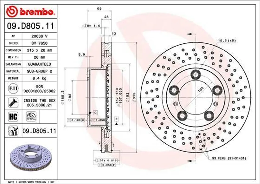 Disque de frein ventilé Brembo 09.D805.11 compatible Porsche 981 OE