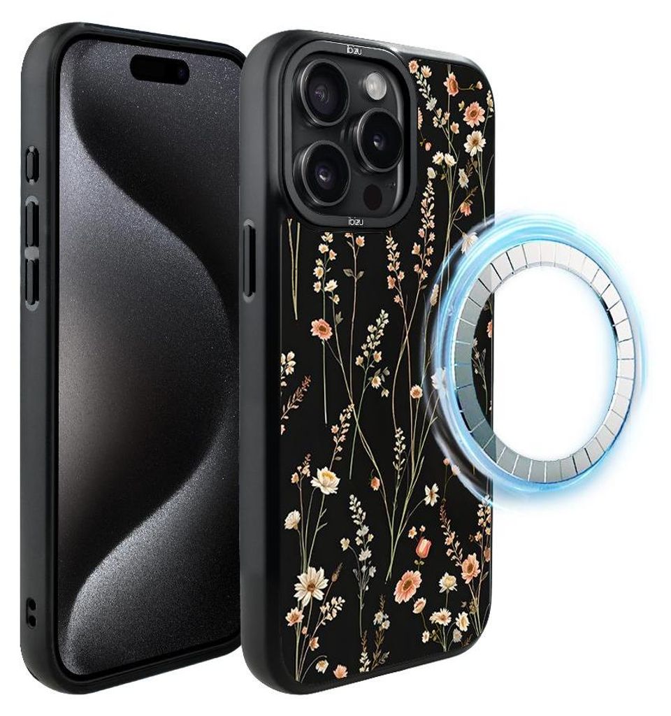 Schutzhülle für das iPhone 15 Pro, MagSafe-kompatibel, mattschwarze Seiten, kleine Blüten auf schwarzem Hintergrund