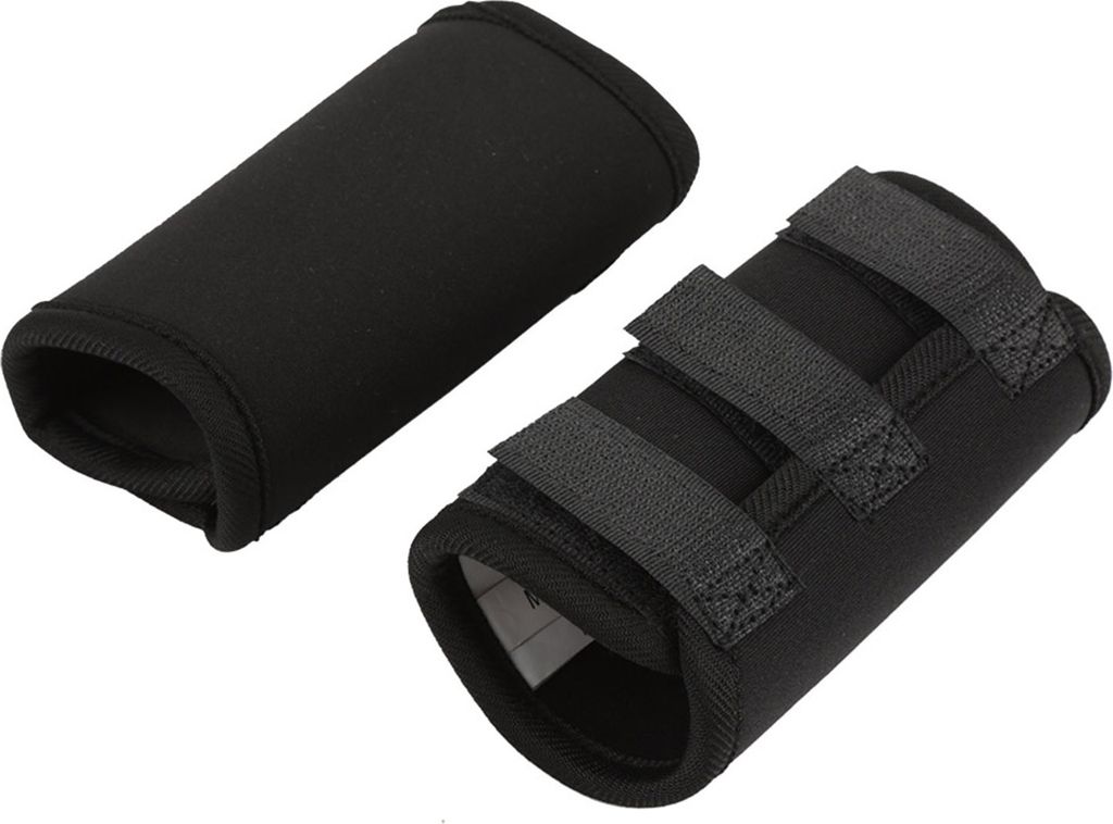 Two black dog leg braces are shown against a white background. One brace is a simple sleeve, while the other has adjustable velcro straps.