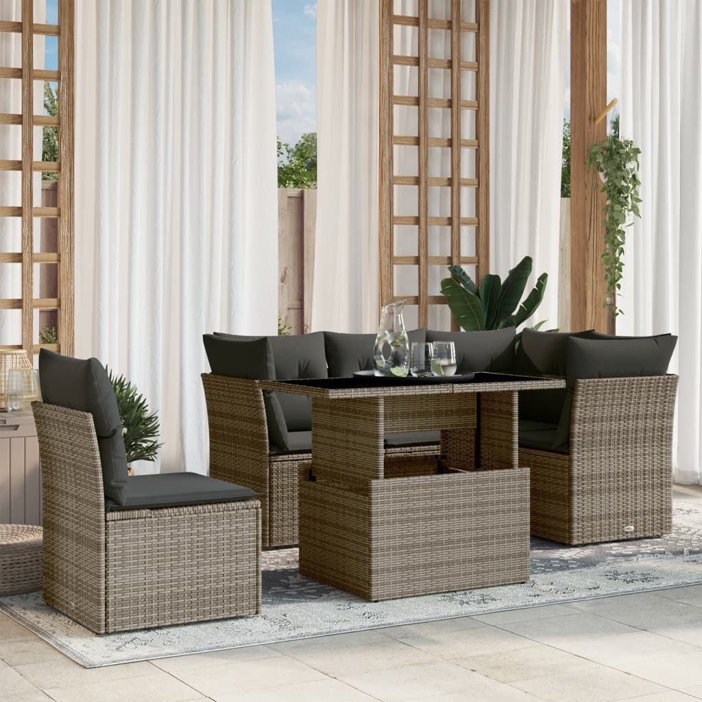 Design 6-tlg. Garten-Sofagarnitur mit Kissen Grau Poly Rattan, Gartenmöbel-Sets 2024 Neu