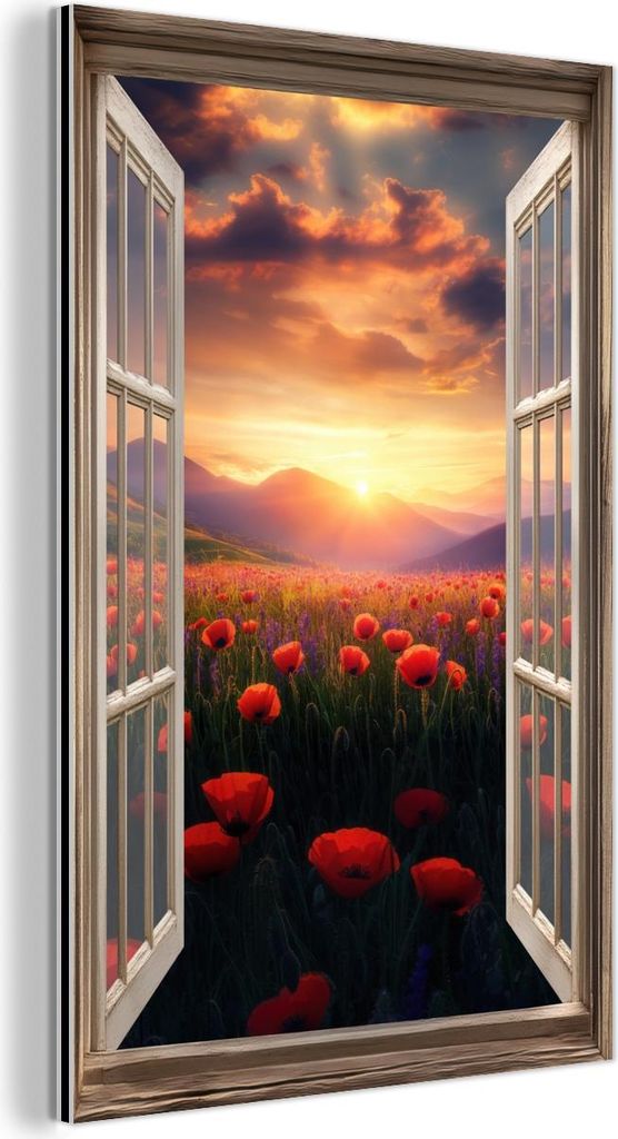 MuchoWow Wanddekoration Metall Metallbild Wandkunst 20x30 cm Durchsichtig - Mohnblumen - Blumen - Rot - Offenes Fenster MuchoWow Aluminium Gemälde...