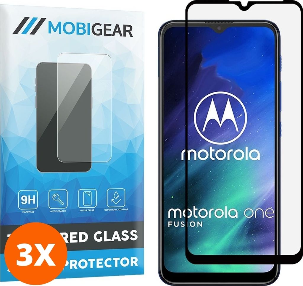 Mobigear Premium 9.98 Motorola One Fusion Panzerglas Gehärtetes Glas Displayschutz - Hüllenfreundlich - Schwarz (3er Pack)