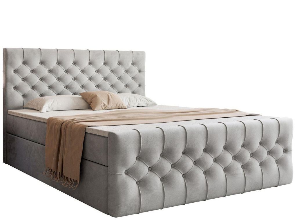 KLICKMOEBEL Boxspringbett 160x200 HEKORO 2 Grau – Glamouröses Polsterbett mit Matratze, Topper & zwei Bettkästen