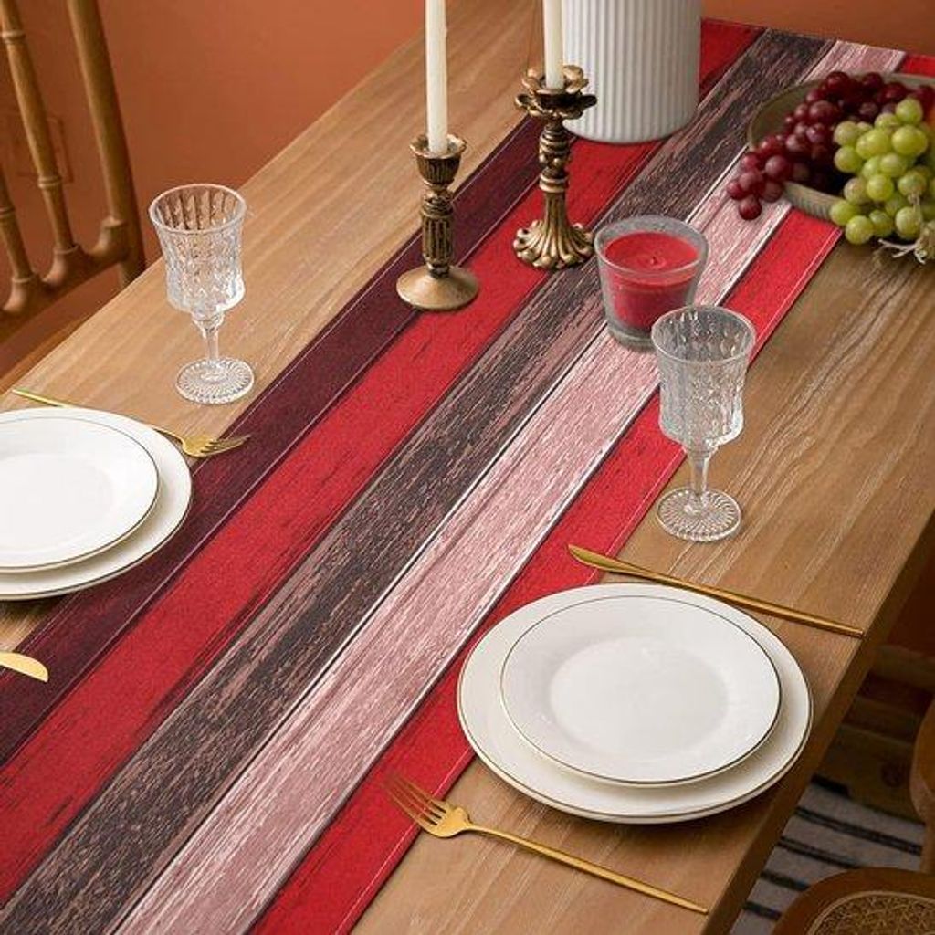 Outdoor-Tischdecke mit Holzstreifen-Design, 40 x 140 cm und 45 x 32 cm Placemats, rote und braune Farben, linnenähnlicher Look, wasserdicht, für ...