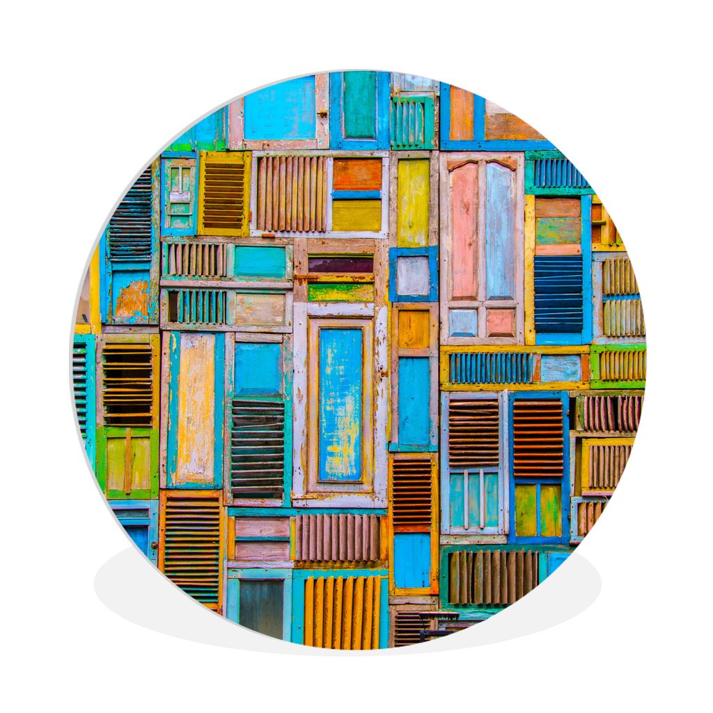 MuchoWow Rundes Wandbild - Runde Bilder Türen - Blau - Abstrakt - Architektur - Neon Ø 30 cm Kreis Wanddekoration Kunststoff - Wandkreis - Wand...