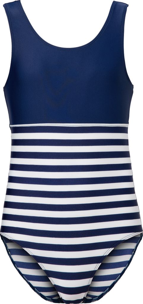 Teenager Mädchen Badeanzug einteilig UV Schutz 50 MS10-445 (Marineblau/Streifen, 104)