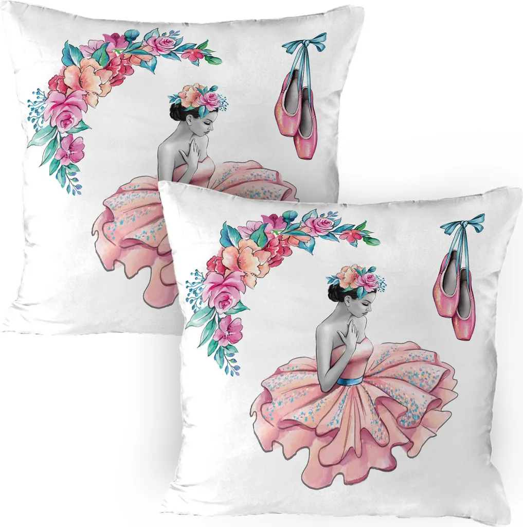 ABAKUHAUS Ballerina Fodera per cuscino Confezione da 2, illustrazione dipinta di ragazze con copricapi floreali e tutù rosa vaporoso, fodera per cuscino decorativa stampata, 80x80 cm, multicolore