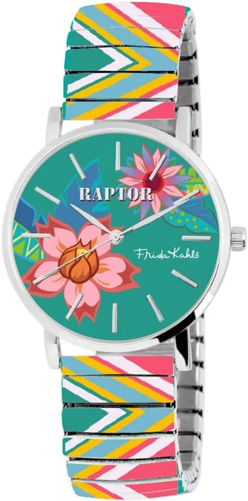 Raptor Orologio da donna Frida Kahlo Edition con bracciale in acciaio inossidabile, movimento al quarzo, vetro antigraffio, idea regalo per donne con scatola, cassa da 36 mm