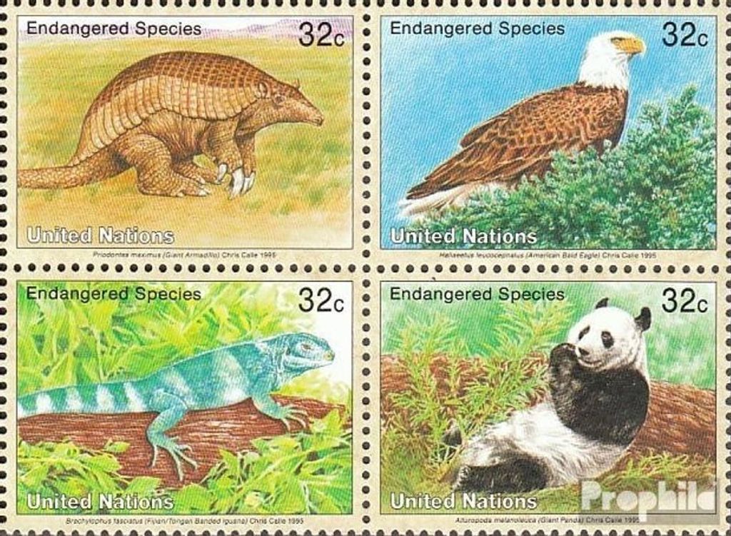 Briefmarken UNO - New York 1995 Mi 681-684 Viererblock (kompl.Ausg.) postfrisch Gefährdete Tiere