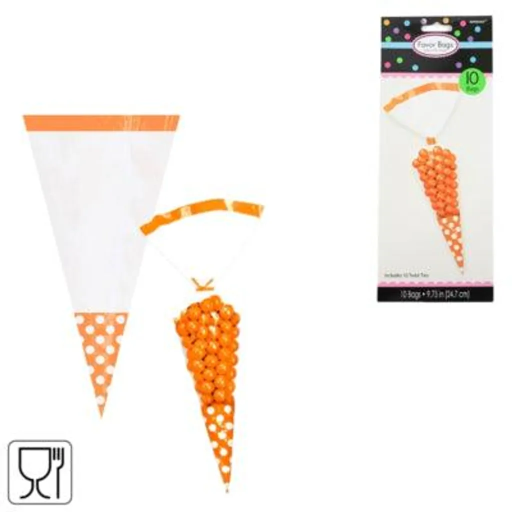 Sachets à Bonbons Coniques 24,7cm Transparents Orange - 10 Lots de 48