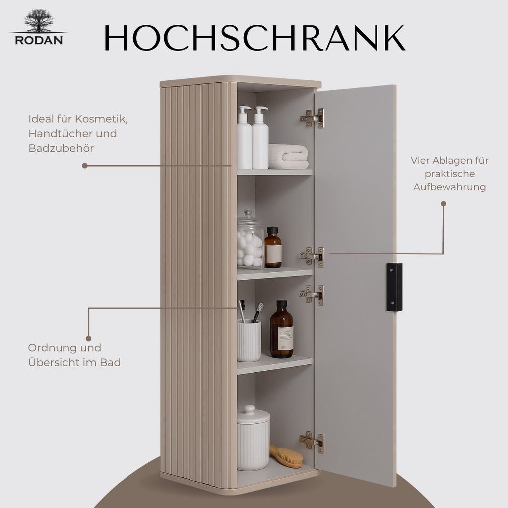 rodan badezimmer hochschrank, beige kaschmir-töne, 35,5 x 139 x 31,5 cm,  modern, soft-close, geriffelte fronten, grifflos, wechselbarer türanschlag,