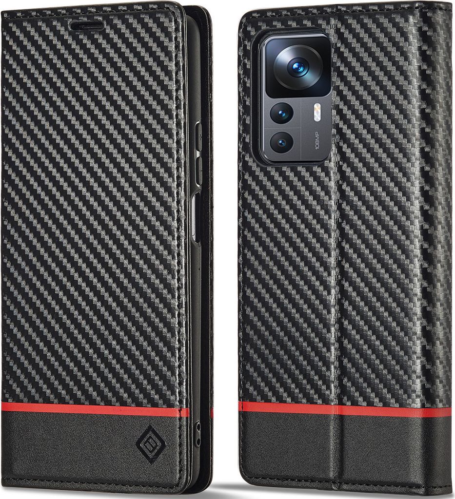 Hülle für Xiaomi 12T / 12T Pro / Redmi K50 Ultra Kohlefaser Leder Brieftasche Schutzhülle mit Standfunktion Schwarz Horizontal Rot