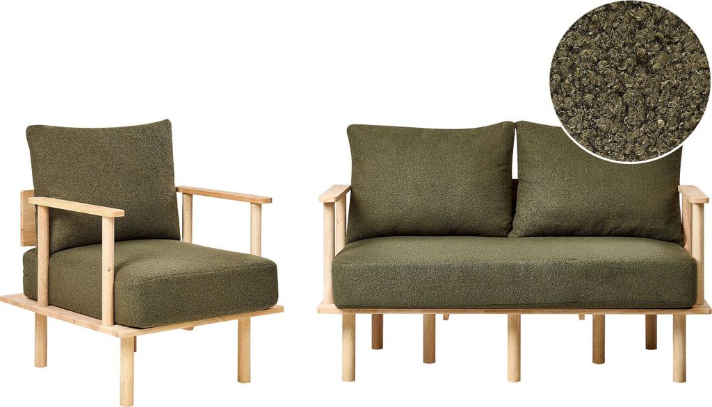 BELIANI 2-Sitzer Sofa Grün Stoffbezug mit Schmalen Armlehnen 2 Nackenrollen Helle Holzbeine Knopfheftung Lose Rückenkissen Freistellbar Wohnzimmer