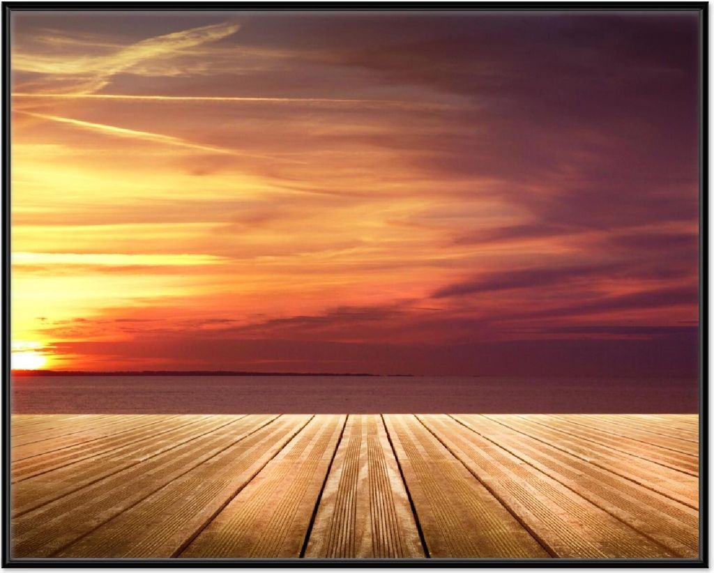 Wallario Wandbild Steg am See - Sonnenuntergang und roter Himmel, Größe: 40,30 x 50,30 cm, Poster mit schwarzem Aluminiumrahmen