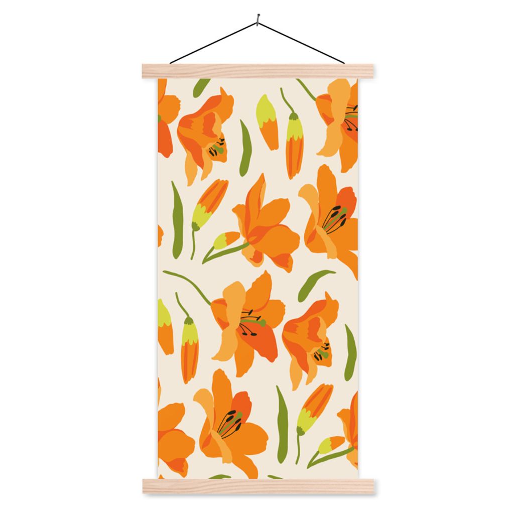 MuchoWow Textilposter Blumen - Lilie - Muster 40x80 cm mit holzfarbenen Rahmen - Wohnzimmer