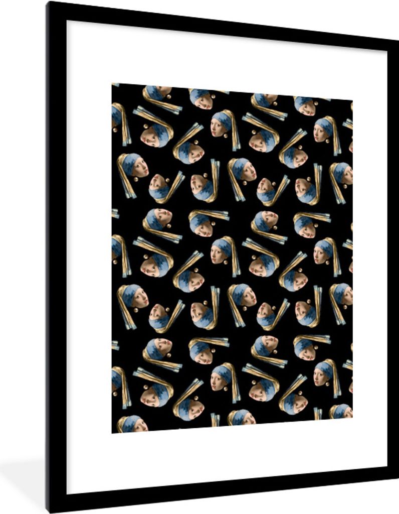 MuchoWow Gerahmtes Poster Das Mädchen mit dem Perlenohrring - Alte Meister - Schnittmuster 60x80 cm - Poster mit Schwarzem Bilderrahmen Wandpost...
