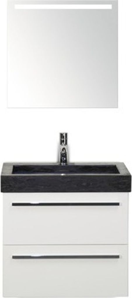 Badmöbel-Set Sanox Seville BxHxT 61 x 170 x 45,5 cm Frontfarbe weiß hochglanz mit Waschtisch Naturstein schwarz und Wasc