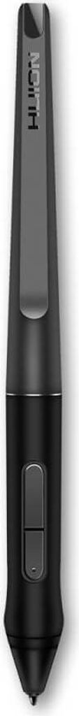 A black stylus pen for a graphics tablet, shown vertically against a white background.