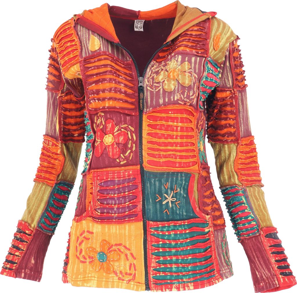 Bunte Patchwork Jacke, Boho Unikat Hippie Jacke mit Zipfelkapuze - Orange, Damen, Baumwolle, Größe: M
