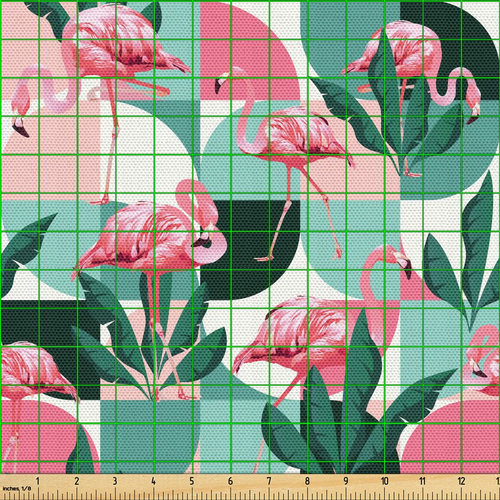 ABAKUHAUS Flamingo Gewebe als Meterware, Exotic Beach Birds Fans Palm Blätter auf Geometrischen Kreis-moderne tropische Kunst, 1 M (148 x 100 cm),...