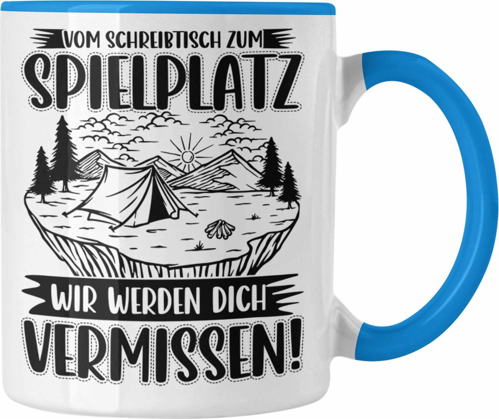 Trendation - Mutterschutz Tasse Geschenk Abschied Mutterschutz Kaffeetasse Kollegin Wird Mama Vom Schreibtisch zum Spielplatz (Blau)