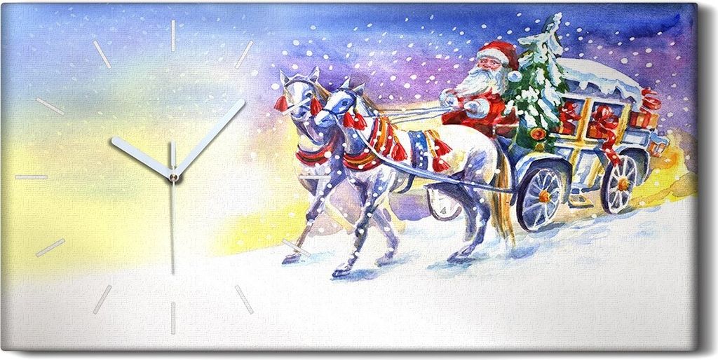 Wanduhr Uhr Wandbild Leinwand 60x30 Kunst Weihnachtsmann in einer Kutsche - weiße Hände