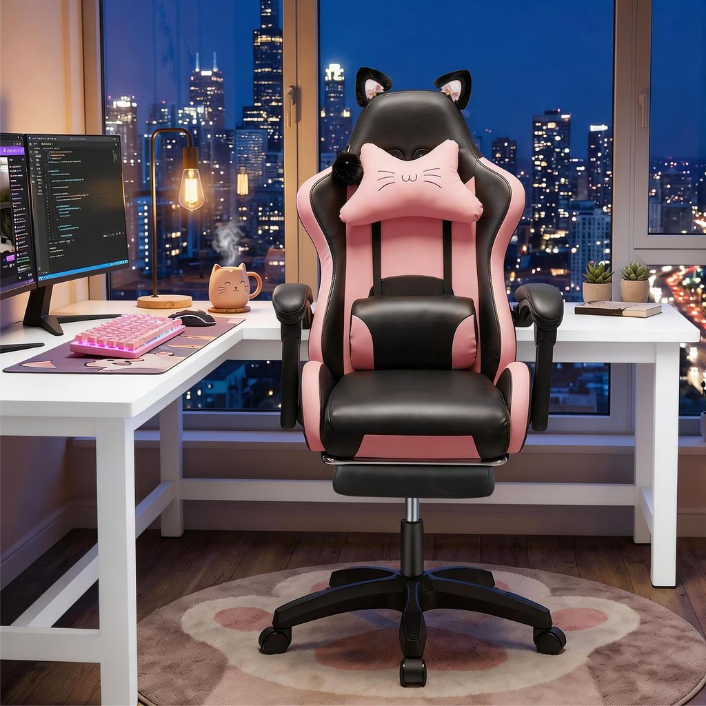 Gaming Stuhl mit Lendenwirbelstütze und Fußstütze 150kg, Produktbild 