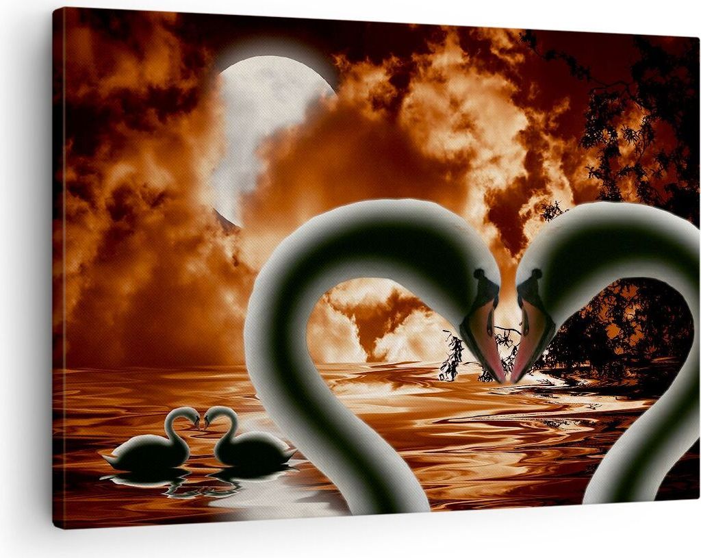 Bild auf Leinwand - Leinwandbild - Schwäne Nacht Liebe - 70x50cm - Wand Bild - Wanddeko - Wandbilder - Leinwanddruck - Bilder - Kunstdruck - Wandd...