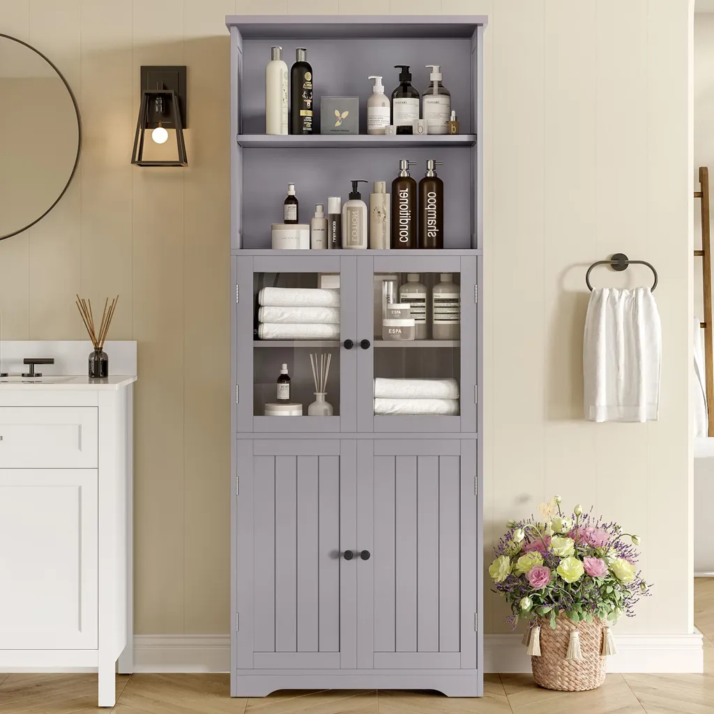 Mobile Bagno Sweiko Grigio 160cm | Armadio Alto con Ante Vetro e Legno