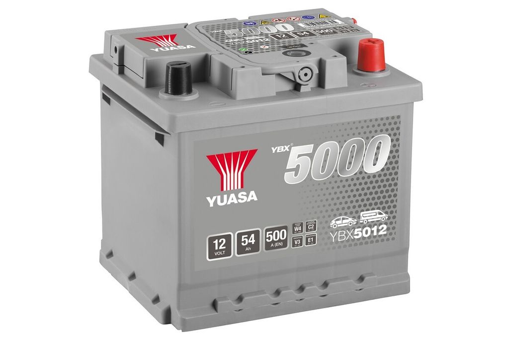 A gray car battery with red and black terminals, set against a white background.