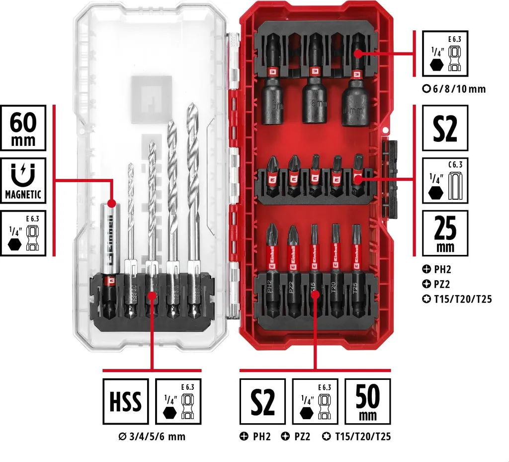 Einhell Bit Set 18 Pezzi 108709 - Kit Inserti S2 e Punte HSS per Avvitatore - 2