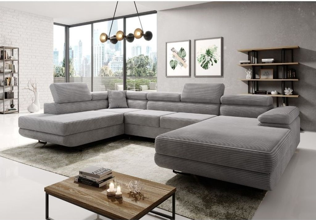Easy4You Grau Ecksofa Varberg Kord in U-Form 345 x 72 x 205 cm mit Schlaffunktion und Bettzeugbehälter - Schlafsofa mit Bettkasten - Links - Eckco...