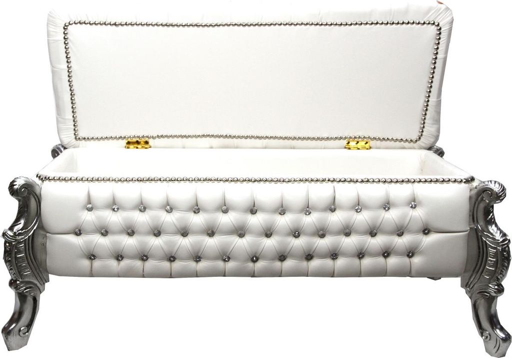 Casa Padrino Barock Sitzbank (Truhe) Weiß / Silber mit Bling Bling Glitzersteinen- Antik Truhe Truhen Bank - Möbel Barock