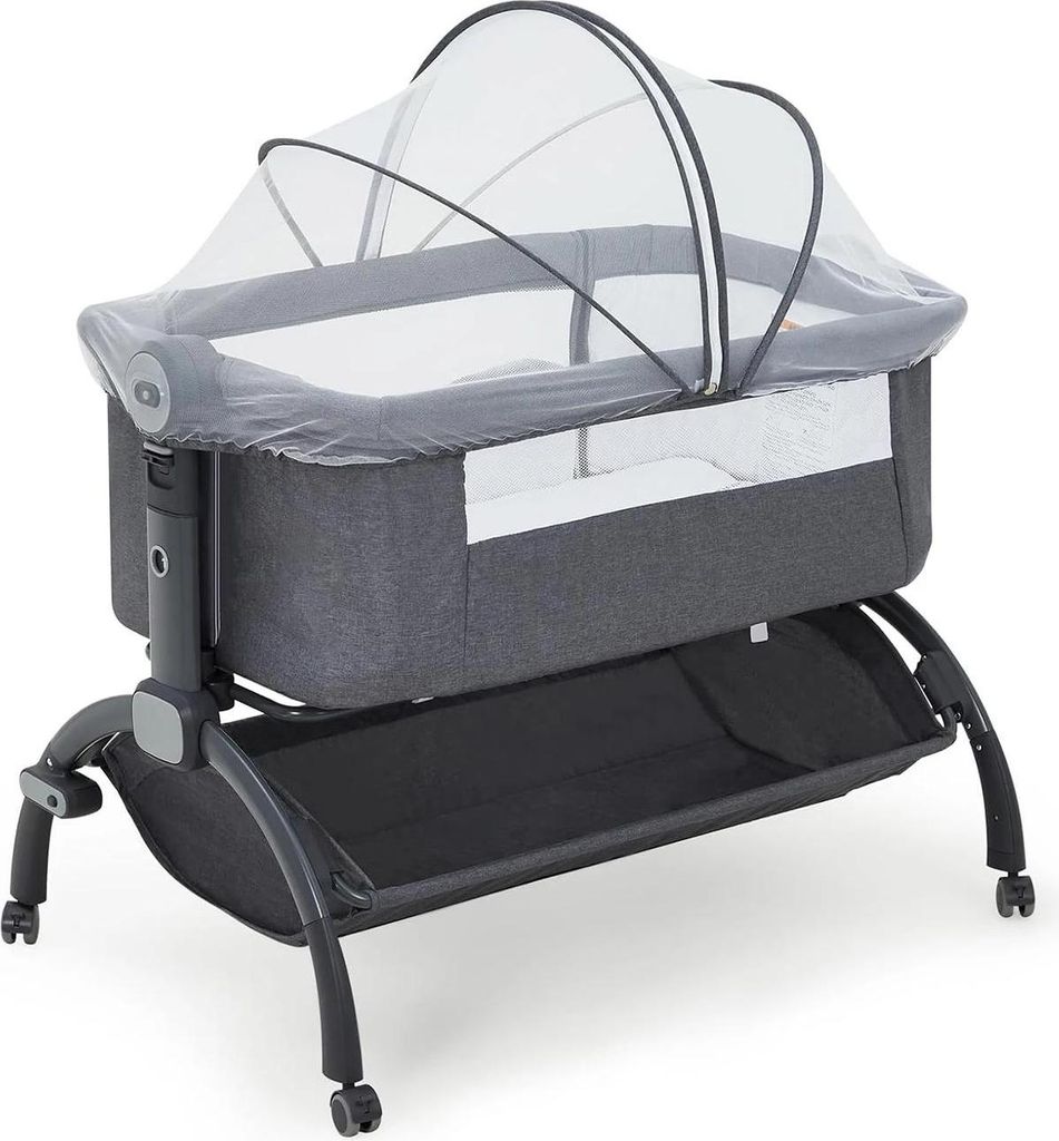 Baby Beistellbett - 3-in-1 Wiege & Reisebett - Abnehmbares Moskitonetz - Für Neugeborene 0–12 Monate - Tragkraft 20 kg+ - Grau
