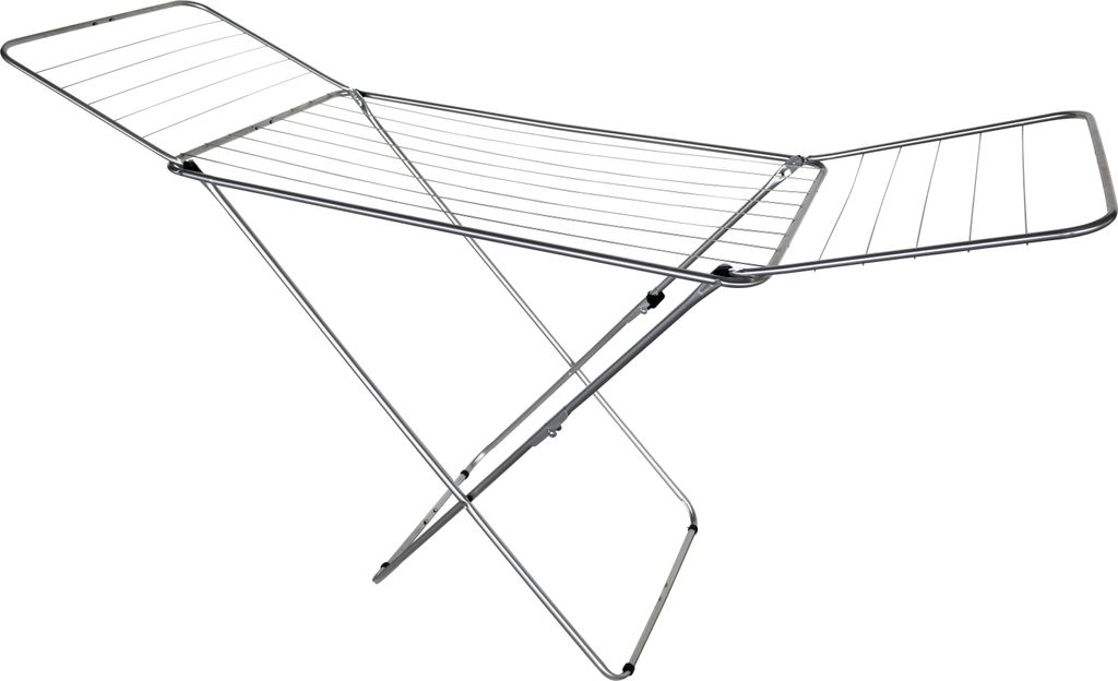 A silver metal drying rack with wings is shown against a white background.