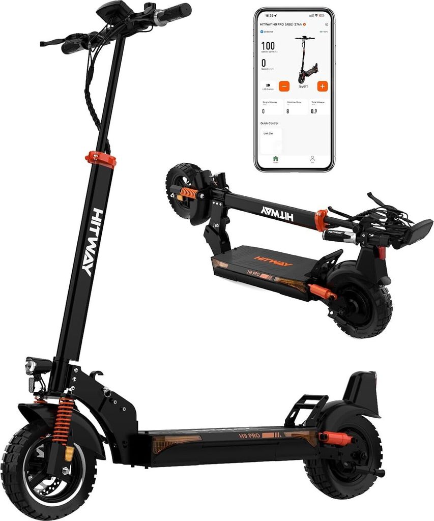 HITWAY E Scooter mit Straßenzulassung (ABE), 10 Zoll Tubeless, 48V 27Ah Akku, 500W Motor(Peak 1200), max. 110 km, faltbar, App, Vollfederung