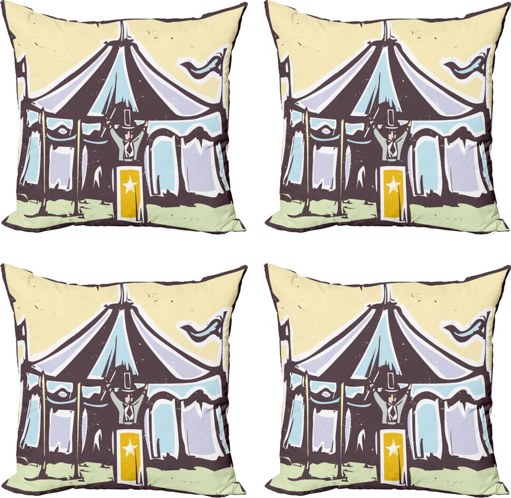 ABAKUHAUS Zirkus Kissenbezug Set (4 Stück), Karneval Szene Mann und Zelt, Moderner Doppelseitiger Digitaldruck, 60 cm x 60 cm, Sahne und Multicolor