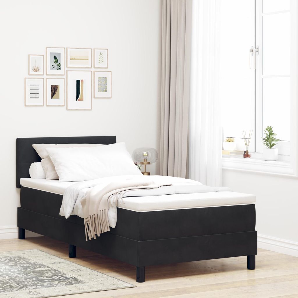 LED Boxspringbett mit Matratze Schwarz 90x200 cm Samt, Design Möbel Klassische Betten Neu