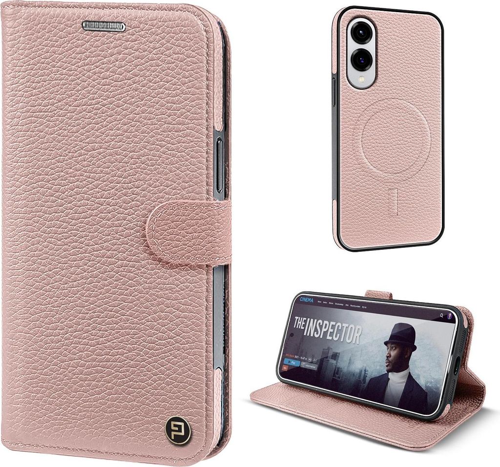 Echtleder Handyhülle für Samsung Galaxy S25 Edge RFID Schutz Cover Leder Hülle Magnetring 2-in-1 Bumper abnehmbar Farbe: Rosa
