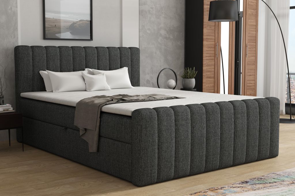 MR GROUP Boxspringbett mit Bettkasten ASTI, 180x200, dunkelgrau, H3 geflechtes Stoff Polsterbett mit Matratze, Topper Doppelbett Bett für Schlafzi...