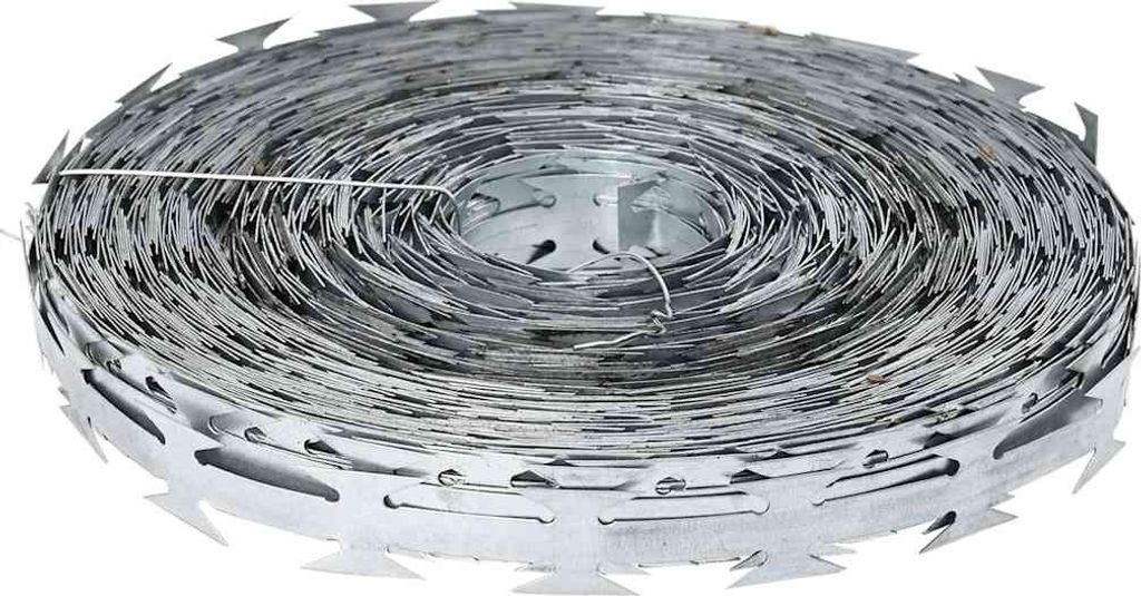 A roll of razor wire on a white background.