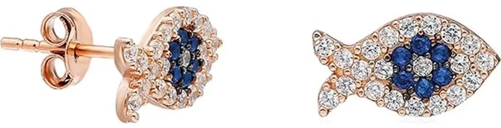 Boucles Poisson Argent 925 avec Zirconium Brillant Bleu et Blanc