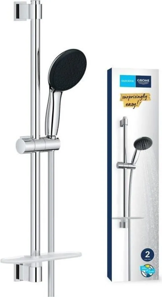 Sistema doccia GROHE Vitalio Start 110, 2 tipi di getto, asta da 60 cm, tubo da 1,75 m, con ripiano, cromato, a risparmio idrico