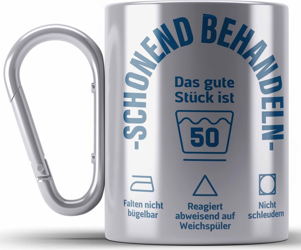 Trendation - 50. Geburtstag Geschenkidee Frau Frauen Männer Mann Edelstahl Tasse Karabiner mit Sprüch 50er Geburtstag (Silber)