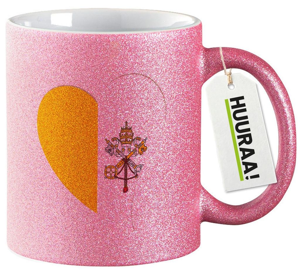Huuraa Glitzertasse Vatikanstadt Flagge Herz 330ml Pink Keramik Kaffeebecher Geschenkidee