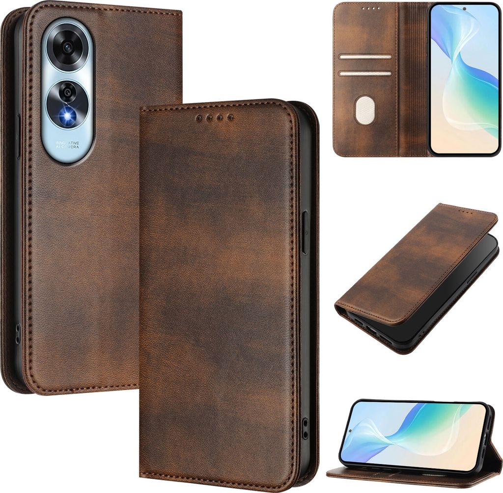 Handyhülle für Oppo A60, Vintage Leder RFID Schutz Kartenfach Standfunktion Magnetische Klapphülle Braun