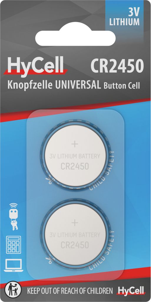 HyCell Lithium Knopfzellen CR2450 3V, 2 Stück