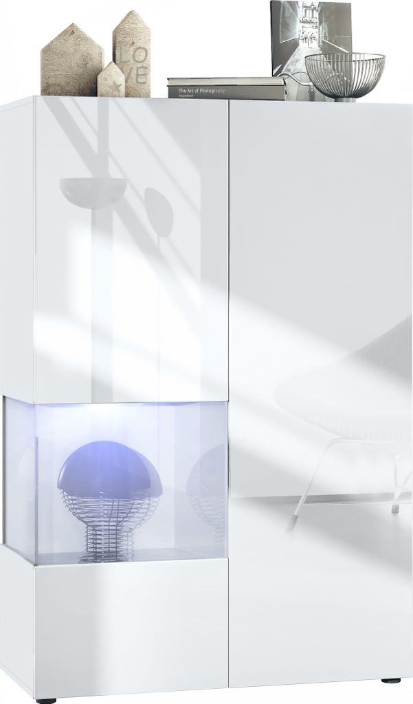 Vladon Vitrine Morena V2, Germany, Standvitrine mit 2 Türen und Glaseinsatz, Korpus Weiß matt, Fronten Weiß Hochglanz, Cube Weiß Hochglanz inkl...